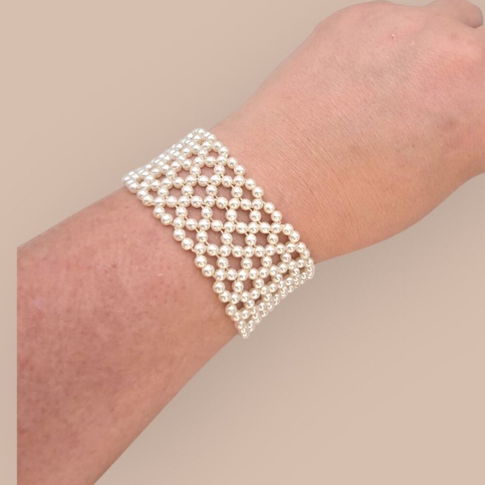 Pearl Wide Cuff Bracelet Lattice Stretch Design - Romantic Heirloom